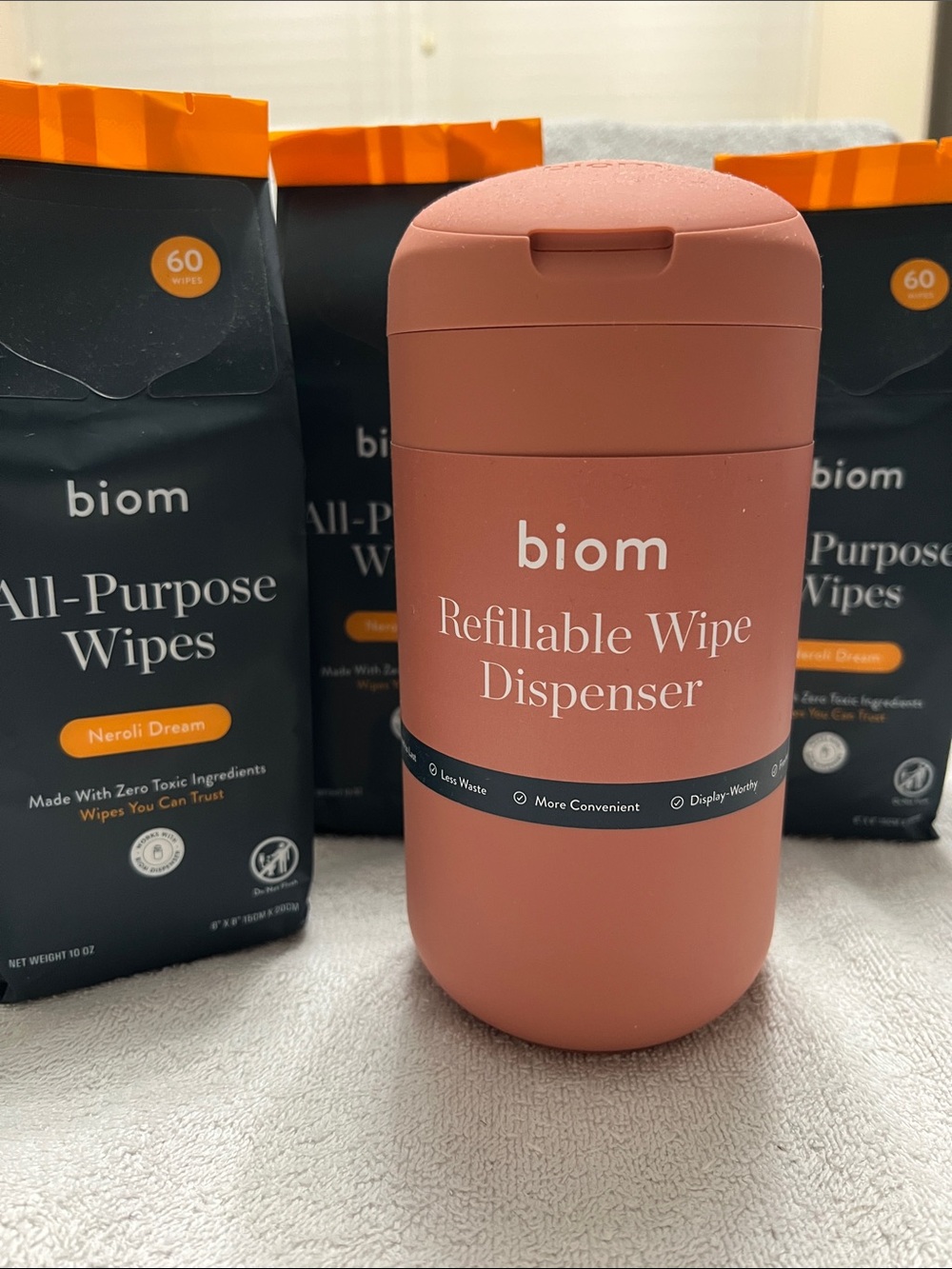 Biom Refillable Dispenser + 3 60 ct Neroli Dream All Purpose Wipes